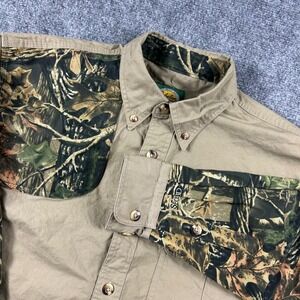 Cabela's Shooting Shirt Mens Medium Tan Camo Seclusion 3D Hunting Button Down